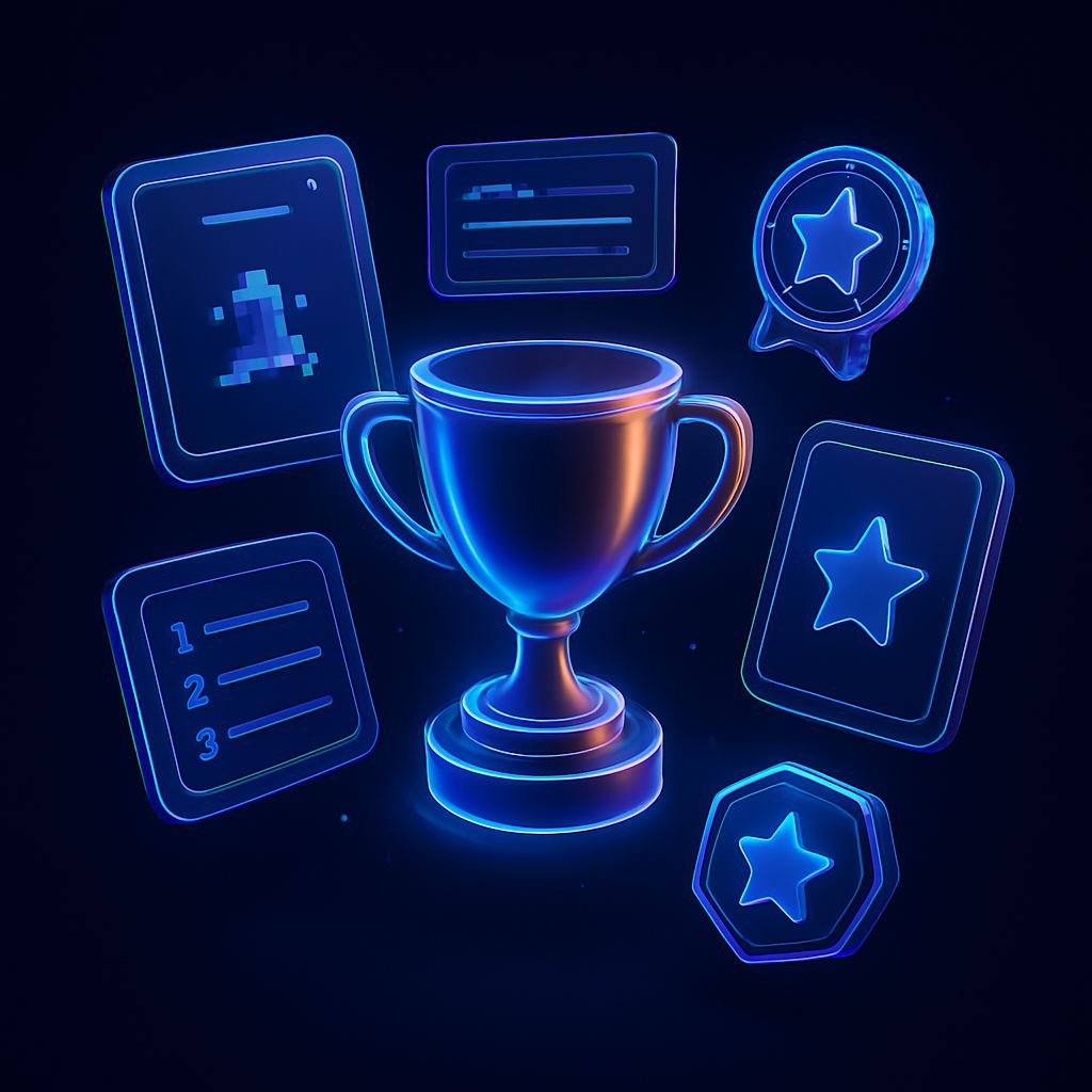 Floating arcade game cards, leaderboards and a glowing trophy